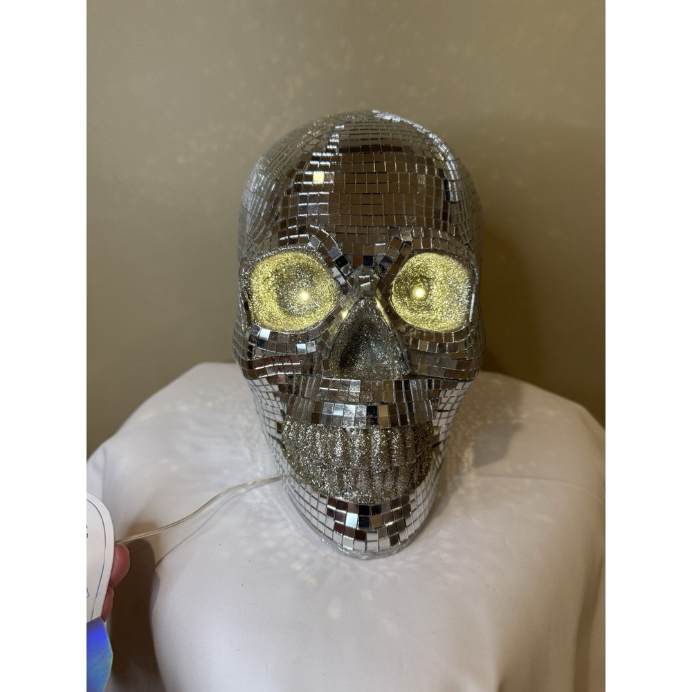 Rachel Zoe Disco Skull With Led Eyes 8.5in Chic Halloween Glam Silver Gold NEW